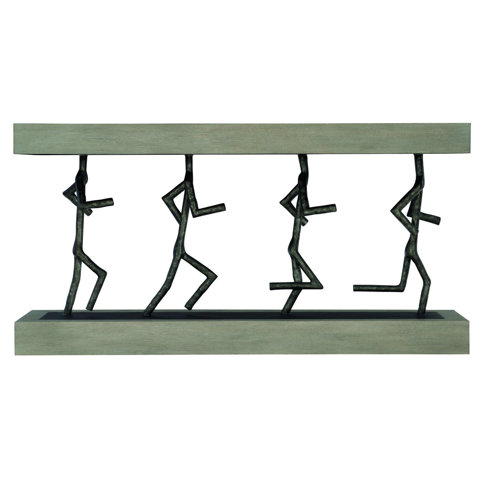 Bernhardt Bernhardt Theo Console Table With Wire‑Brushed Oak Top, Sculptural Cast Iron Figures, Cerused Greige Finish (64") 379910