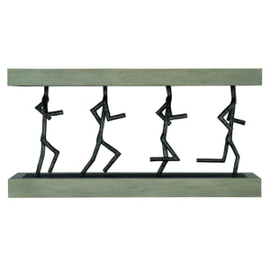Bernhardt Bernhardt Theo Console Table With Wire‑Brushed Oak Top, Sculptural Cast Iron Figures, Cerused Greige Finish (64") 379910
