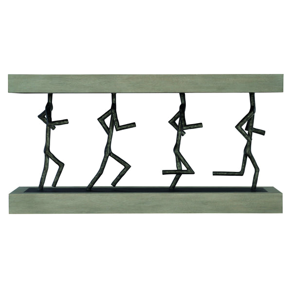 Bernhardt Bernhardt Theo Console Table With Wire‑Brushed Oak Top, Sculptural Cast Iron Figures, Cerused Greige Finish (64") 379910