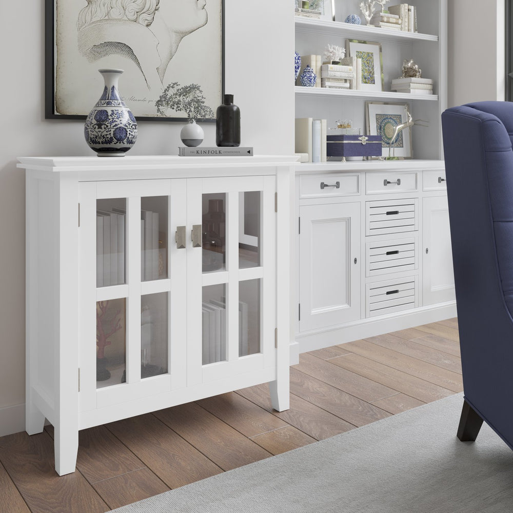 English Elm Artisan Low Storage Cabinet - Handcrafted White Wood With Glass Doors For Versatile Home Organization B136P158399
