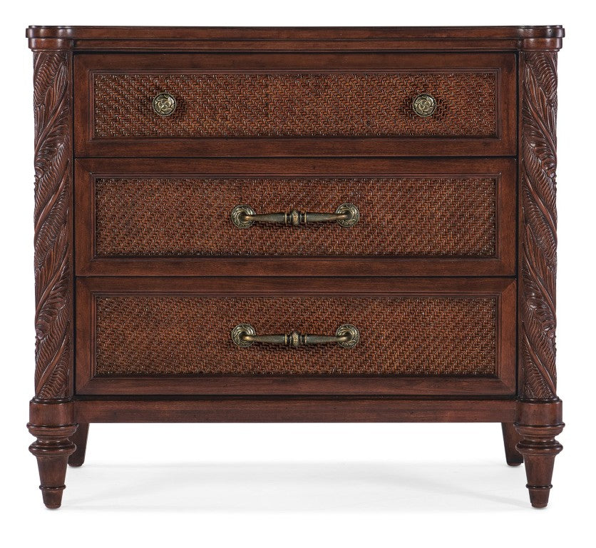 Hooker Furniture Charleston Three-Drawer Nightstand With Cane Fronts, Cherry Walnut Veneers, Usb Charging & Carved Accents 6750-90316-85