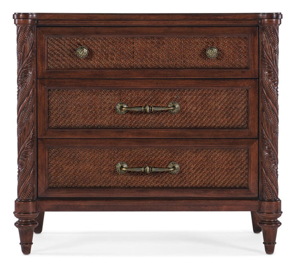 Hooker Furniture Charleston Three-Drawer Nightstand With Cane Fronts, Cherry Walnut Veneers, Usb Charging & Carved Accents 6750-90316-85