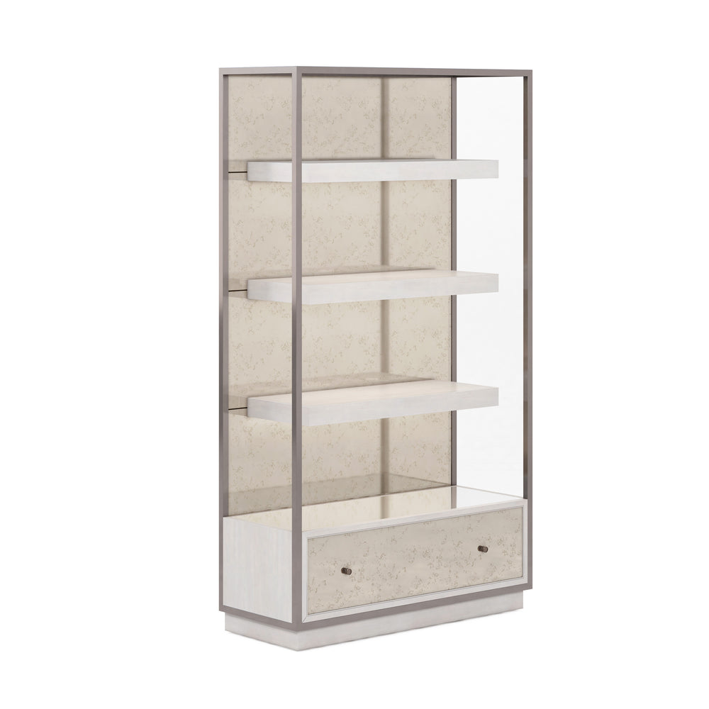 A.R.T. Furniture Mezzanine Etagere With 3 Floating Shelves, Drawer & Led Lighting - Dove Gray Finish For Elegant Storage Light Gray Parawood And Poplar Solids,Maple Veneer,Mirror,Steel 325401-2249