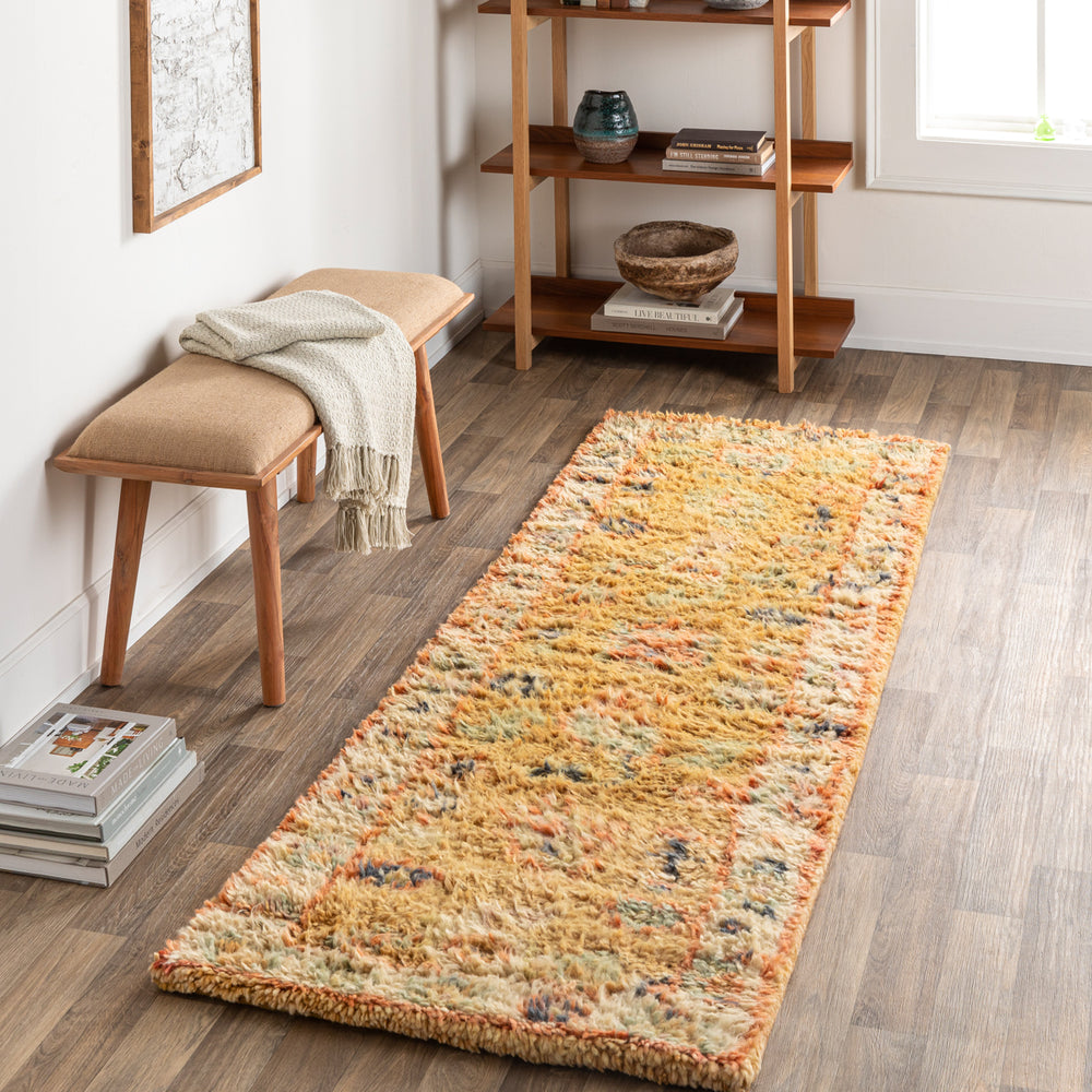 Marrakech MRK-2302 2'6" x 8' Runner Handmade Rug MRK2302-268  Mustard, Tan, Dark Blue, Lilac, Pale Blue, Dusty Coral Surya