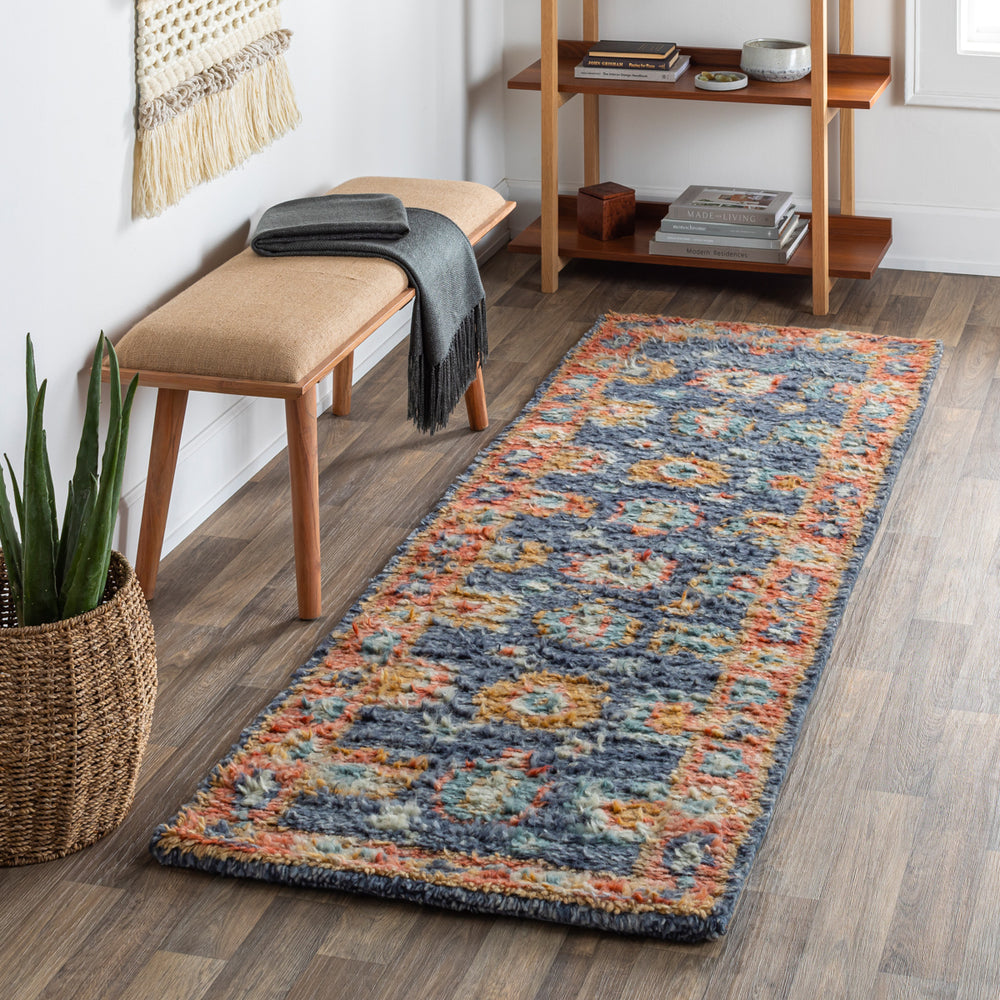 Marrakech MRK-2303 2'6" x 8' Runner Handmade Rug MRK2303-268  Burnt Orange, Dusty Coral, Rust, Dark Blue, Mustard, Denim Surya