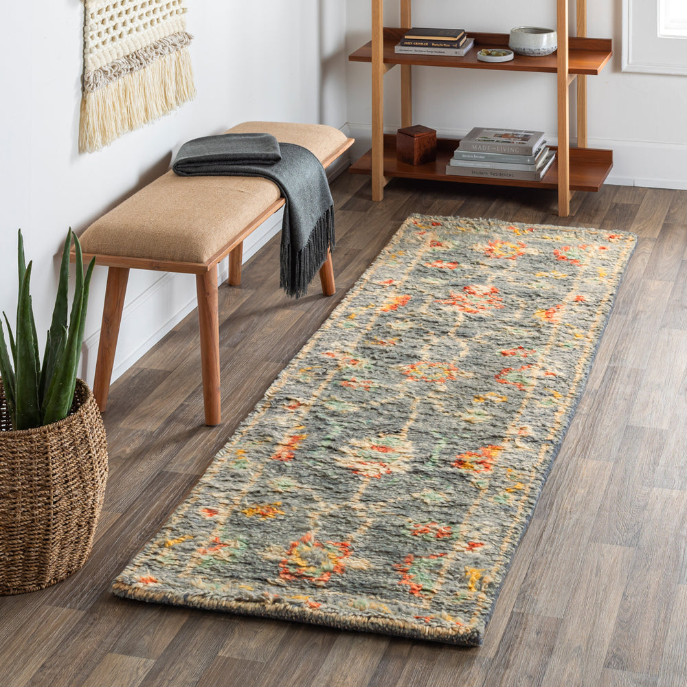 Marrakech MRK-2305 2'6" x 8' Runner Handmade Rug MRK2305-268  Charcoal, Mustard, Rust, Pale Blue, Light Gray, Light Beige Surya