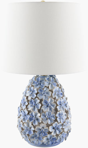 Surya Marradi 22" Elegant Accent Table Lamp With Ceramic Base & Linen Shade For Timeless Home Decor Body, Blue,Shade, White,Finial, Metallic ,Brass,Harp, Metallic ,Brass,Cord, Translucent Ceramic,Linen,Polyester,Iron Mrr-001