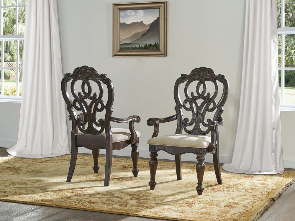 English Elm Steve Silver - Royale Hand-Stained Arm Chair Set of 2 - Dark Brown Pecan Fabric, Carved Scrollwork, Grand Traditional Elegance B081P157292