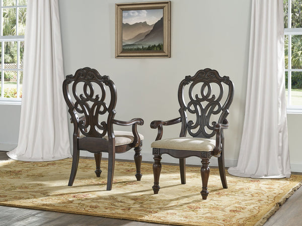 English Elm Steve Silver - Royale Hand-Stained Arm Chair Set of 2 - Dark Brown Pecan Fabric, Carved Scrollwork, Grand Traditional Elegance B081P157292