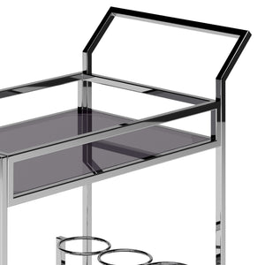 English Elm Watts 26" Bar Cart Chrome Frame with Black Tempered Glass Shelves, Bottle Rings, Glass Rack, Casters B136P159653