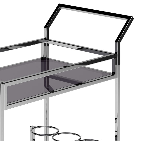 English Elm Watts 26" Bar Cart Chrome Frame with Black Tempered Glass Shelves, Bottle Rings, Glass Rack, Casters B136P159653