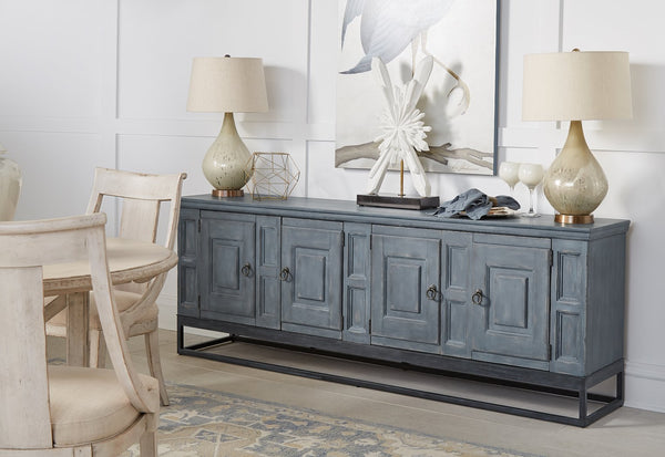 A.R.T. Furniture Alcove Entertainment Console: Stylish Slate & Burnished Brass, Ample Storage, And Organized Design Blue Acacia Solids,Maple Veneers,Iron 321423-2821