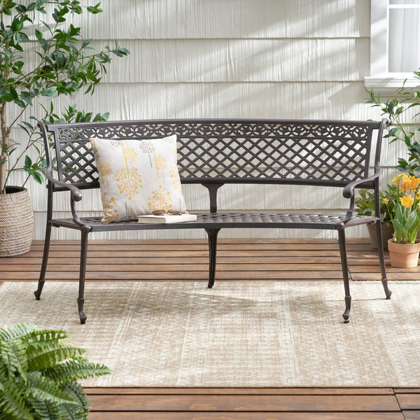 English Elm Tahoe Curved Cast Aluminum Outdoor Bench with Diamond Pattern and Copper Finish N773P348377C