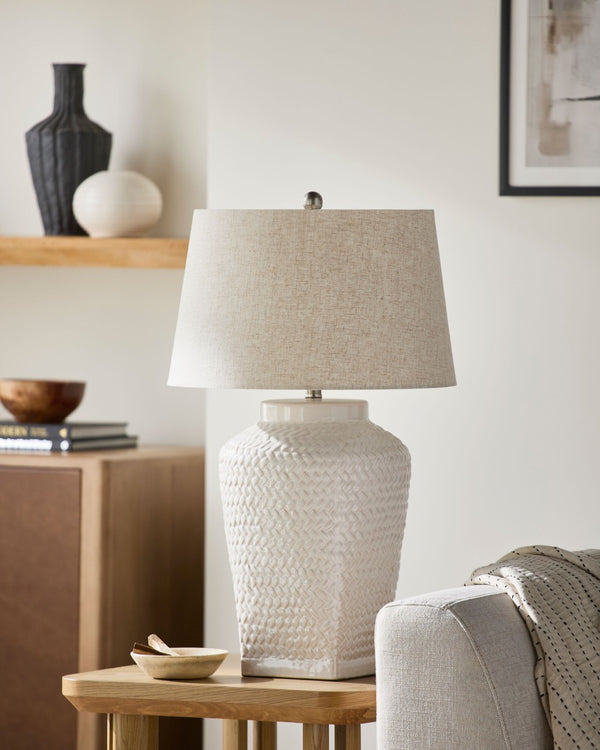 Surya Marsico Ceramic Table Lamp with Linen Shade for Bedroom or Sideboard Ambient Glow MSO-002