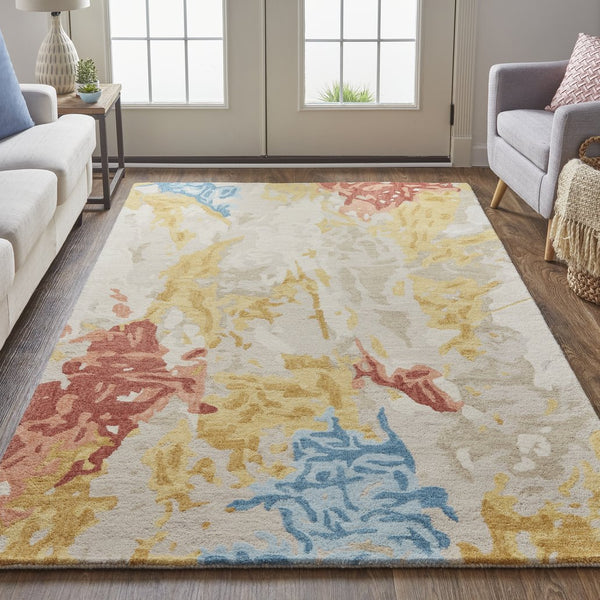 Feizy Rugs Everley Hand-tufted Wool Rug: Vibrant Abstract Design In Rich Hues For A Contemporary Style Home Ivory,Yellow,Blue Wool Eve8646fmlt000f00