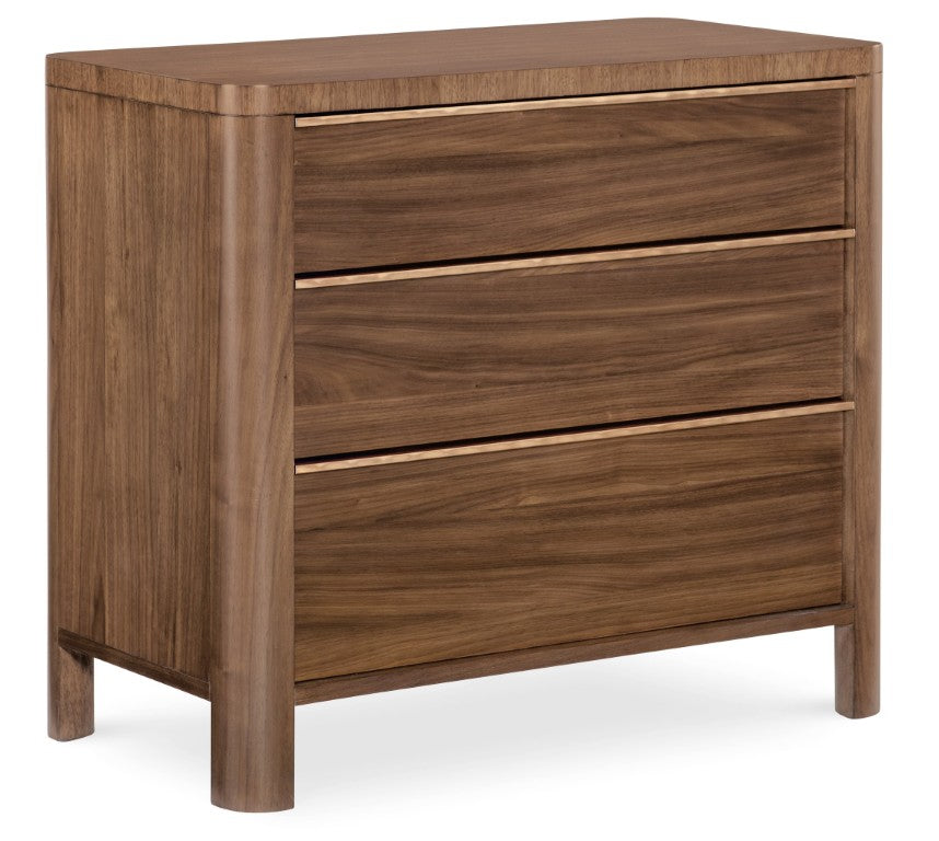 Hooker Furniture Eleana Light Caramel Three-Drawer Nightstand With Charging Station, Walnut Veneer & Sunlit Bronze Pulls 7252-90216-85