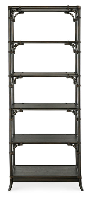 Hooker Furniture Retreat Pole Rattan Bookcase With Black Sand Oak Veneer, Rope Accents & Five Fixed Shelves For Display Dark Wood 6950-10445-99