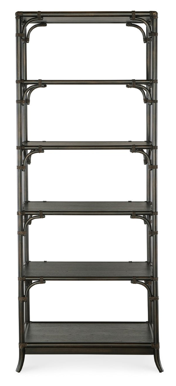 Hooker Furniture Retreat Pole Rattan Bookcase With Black Sand Oak Veneer, Rope Accents & Five Fixed Shelves For Display Dark Wood 6950-10445-99
