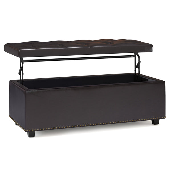 English Elm Hamilton Lift Top Storage Ottoman - Versatile Tanners Brown Faux Leather Bench With Hidden Space B136P159064