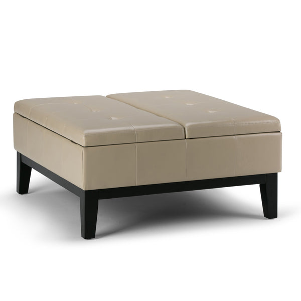 English Elm Dover - Elegant Square Storage Ottoman Coffee Table In Satin Cream Vegan Leather With Tufted Top B136P159050