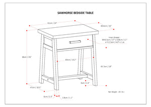 English Elm Sawhorse Handcrafted Bedside Table in Dark Chestnut Brown – Solid Wood, Drawer, Industrial Retro Design B136P159583