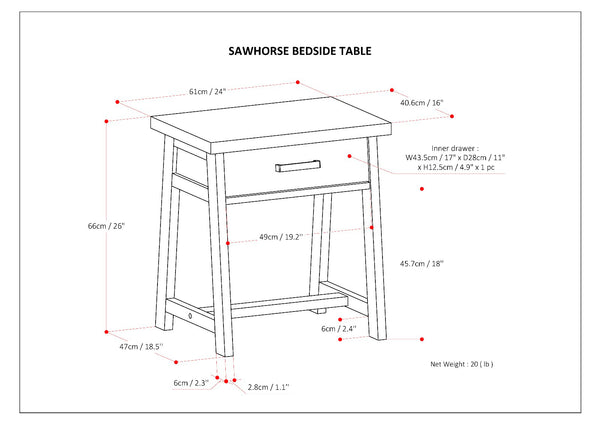 English Elm Sawhorse Handcrafted Bedside Table in Dark Chestnut Brown – Solid Wood, Drawer, Industrial Retro Design B136P159583