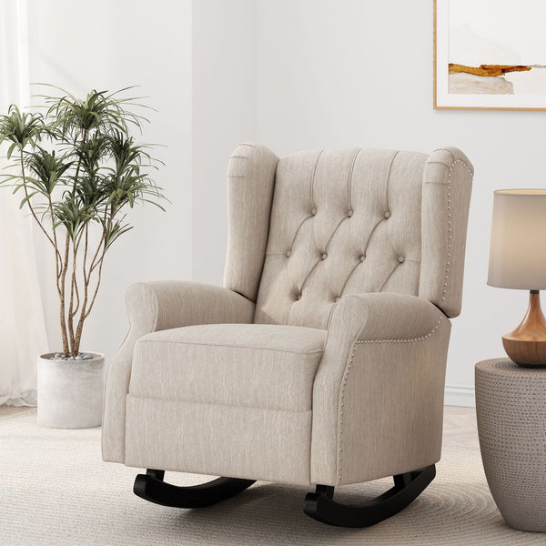 English Elm Christopher Knight Home® - ROCKING Chair Beige Fabric Wingback with Birch Rockers, Button-Tufted Diamond Stitch Comfort & Style 72153.00