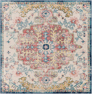 Livabliss Murat Turkish Polypropylene Runner Rug with Traditional Motifs for Hallway Entryway Aqua, Burgandy 5'3" x 5'3" Square MUT2321-53SQ