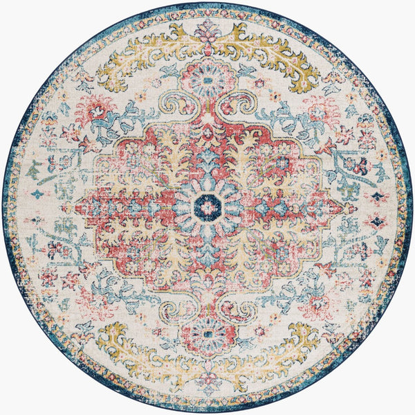 Livabliss Murat Turkish Polypropylene Runner Rug with Traditional Motifs for Hallway Entryway Aqua, Burgandy 7'10" x 7'10" Round MUT2321-710RD