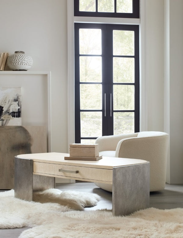 Hooker Furniture Melange Light Oak Silverfrost Cocktail Table With Shaped Silhouette, Self-Closing Drawer, Modern Accent 628-80492-05