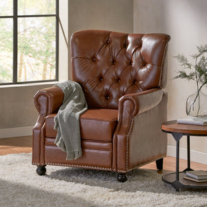 English Elm Christopher Knight Home® - Button Button Tufted Heavy Duty Manual Push-Back Recliner Chair with Nailhead Accents and Comfort Backrest Light Brown 71976.00PUCOGN