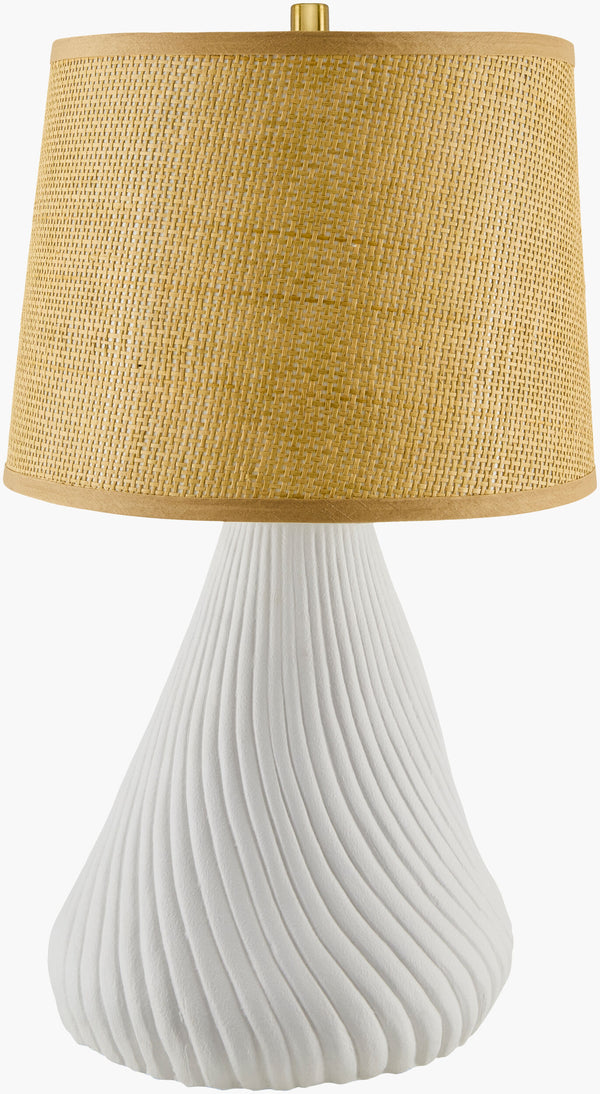 Surya Mervans 25" Farmhouse Accent Table Lamp With Rattan Shade & Elegant Ceramic Base For Cozy Decor Body, White,Shade, Brown,Finial, Metallic ,Brass,Harp, Metallic ,Gold,Cord, Translucent Ceramic,Rattan,Polyester,Steel Mvs-001