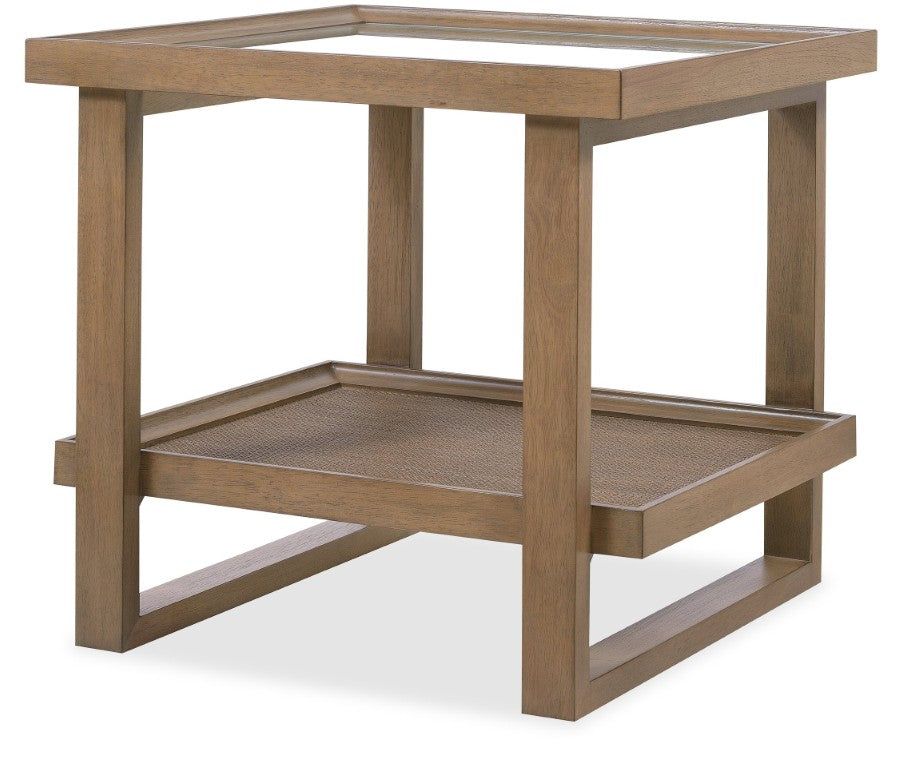 Hooker Furniture Sonnet Square End Table With Tempered Glass Top, Woven Cane Shelf & Light Earthen Oak Finish 6072-80113-85