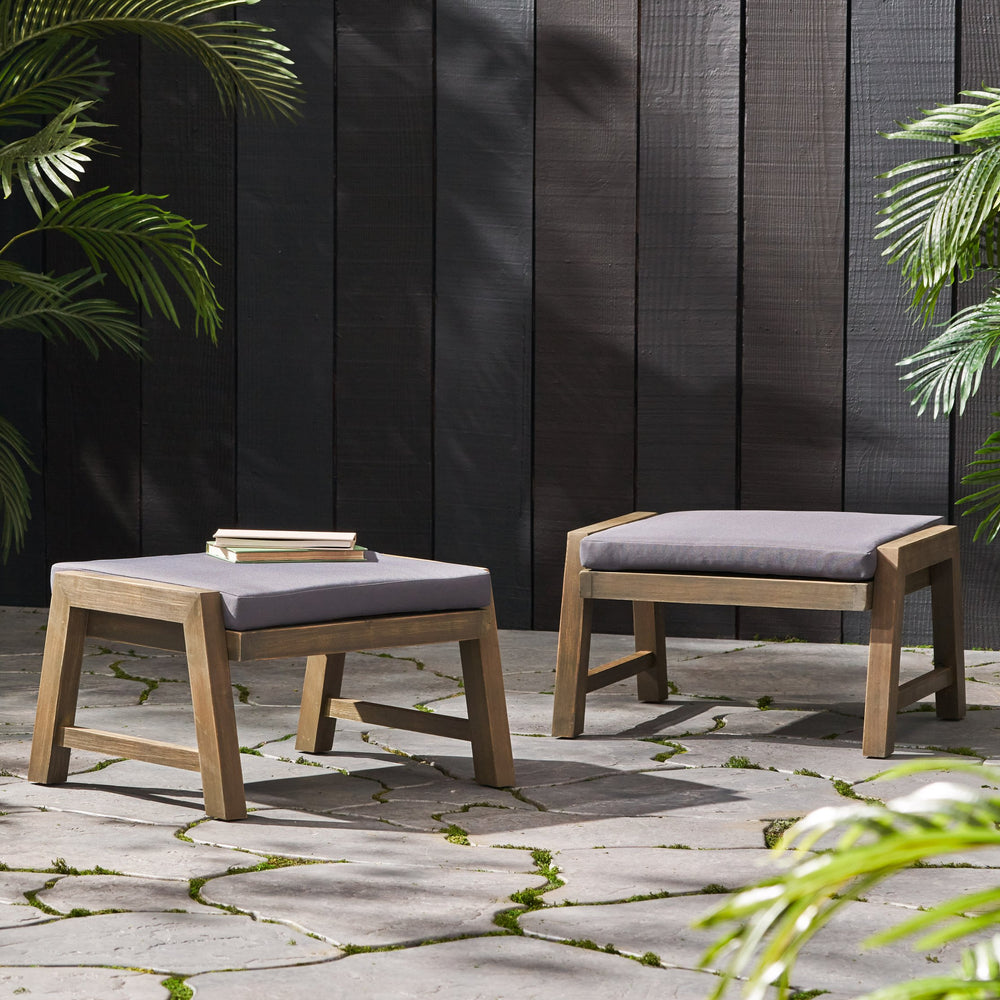 English Elm Christopher Knight Home® - Temecula Acacia Wood Outdoor Ottomans Set of 2 with Cushions — Weather-Resistant, Versatile Footrests DARK GREY 66468.00DGRY