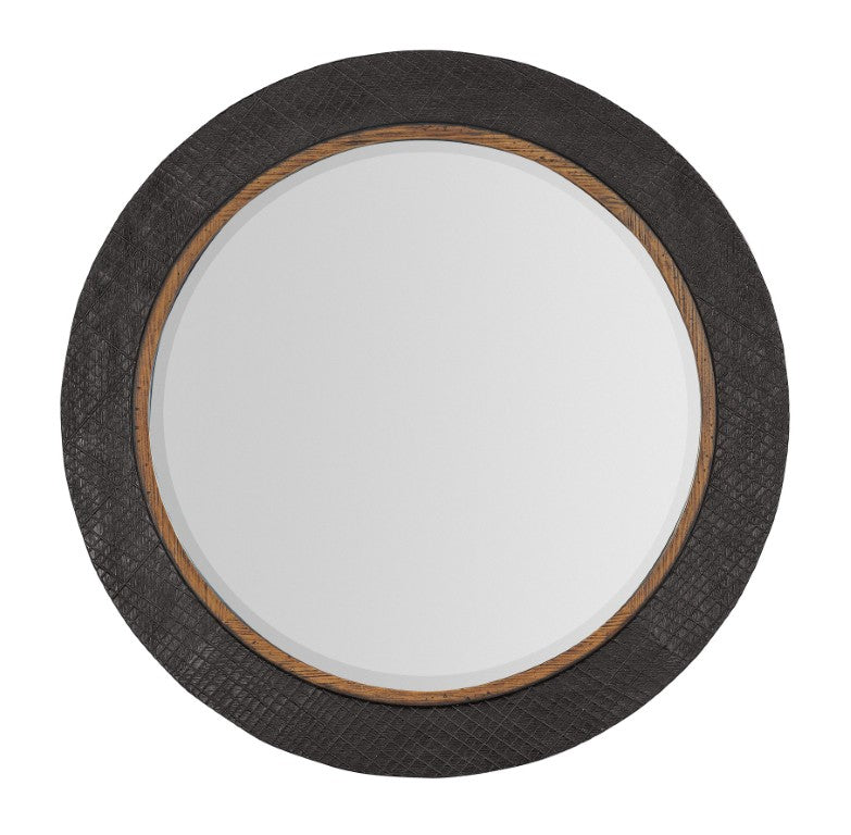 Hooker Furniture Big Sky Round Accent Mirror With Beveled Glass, Furrowed Bark Charcoal Frame & Vintage Natural Trim 6700-90008-99