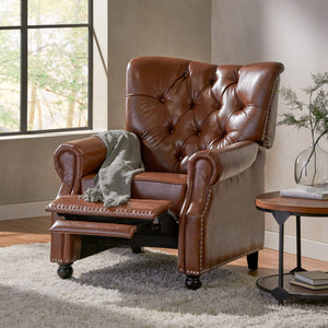 English Elm Christopher Knight Home® - Button Button Tufted Heavy Duty Manual Push-Back Recliner Chair with Nailhead Accents and Comfort Backrest Light Brown 71976.00PUCOGN