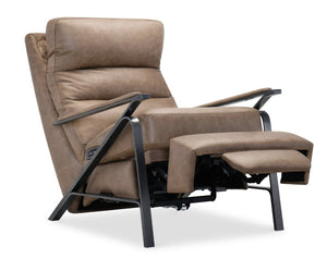 Hooker Furniture Elixir Semi-Aniline Leather Power Recliner With Usb, Channeled Back & Gunmetal Frame For Modern Rooms Brown RC425-PH-084