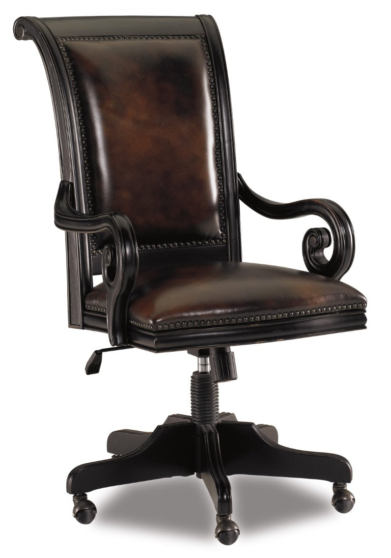 Hooker Furniture Telluride Leather Tilt Swivel Chair With Carved Arms, Nailhead Trim, Black Over Cherry Finish, Adjustable Comfort 370-30-220