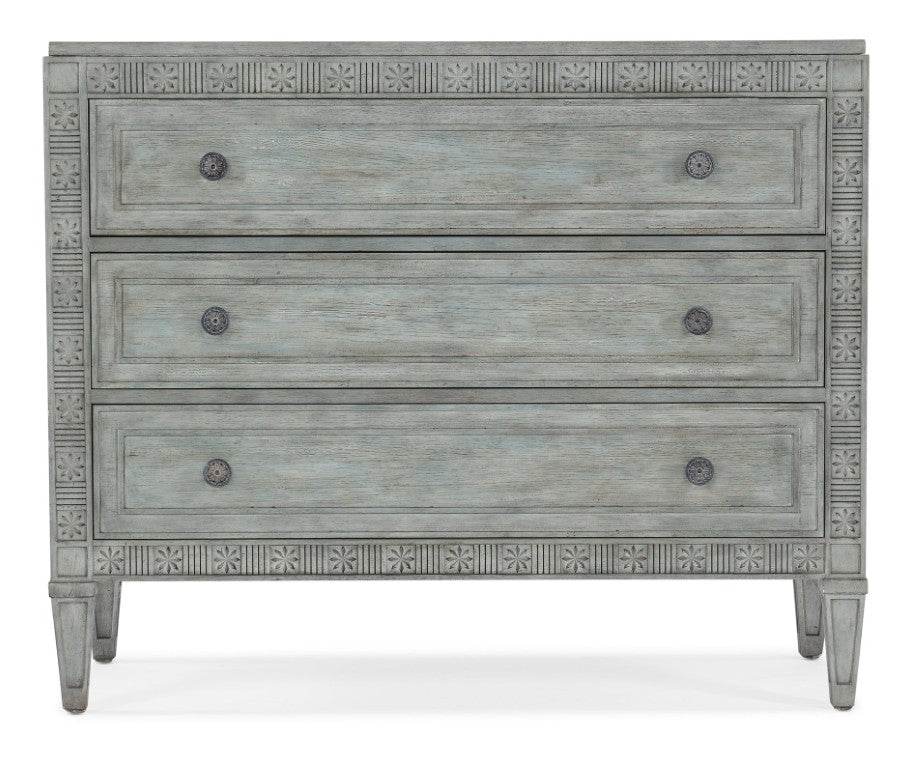 Hooker Furniture Charleston Three-Drawer Chest Waterscape Blue Maple Veneer With Carved Floral Fretwork & Pewter Knobs — Classic Coastal Accent 6750-85018-44