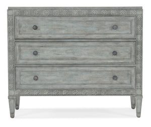 Hooker Furniture Charleston Three-Drawer Chest Waterscape Blue Maple Veneer With Carved Floral Fretwork & Pewter Knobs — Classic Coastal Accent 6750-85018-44