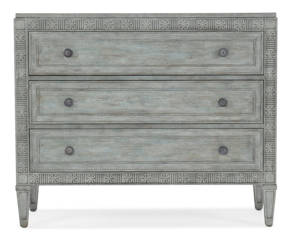 Hooker Furniture Charleston Three-Drawer Chest Waterscape Blue Maple Veneer With Carved Floral Fretwork & Pewter Knobs — Classic Coastal Accent 6750-85018-44