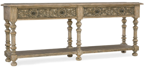 Hooker Furniture Bexar Weathered Sandstone Console With Carved Gambel Oak Motifs, Drawers & Aged Pewter Hardware 5960-85002-MWD