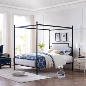 Christopher Knight Home® - Noble House - Beechmont Queen Size Iron Canopy Bed Frame With Upholstered Studded Headboard