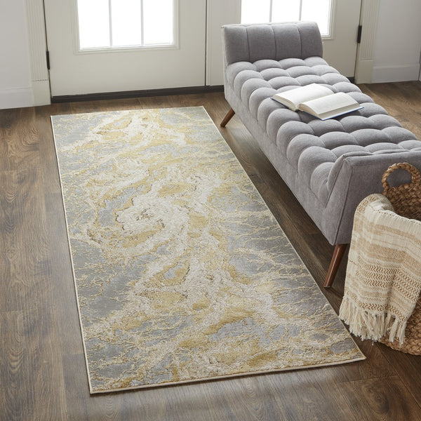 Feizy Rugs Aura Contemporary High-low Pile Abstract Rug In Gold And Champagne - Durable Machine Made Design Ivory,Silver,Gold Polyester,Polypropylene Aur3563fbgegryi71