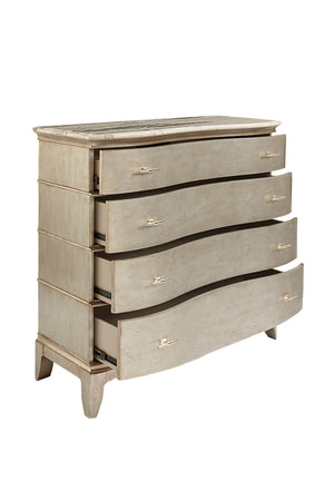 A.R.T. Furniture Starlite Media Chest: Glamorous Parawood Design With Neapolitan Marble Top & 4 Storage Drawers Silver, White Parawood Solids,Primavera Veneer,Marble,Metal 406153-2227