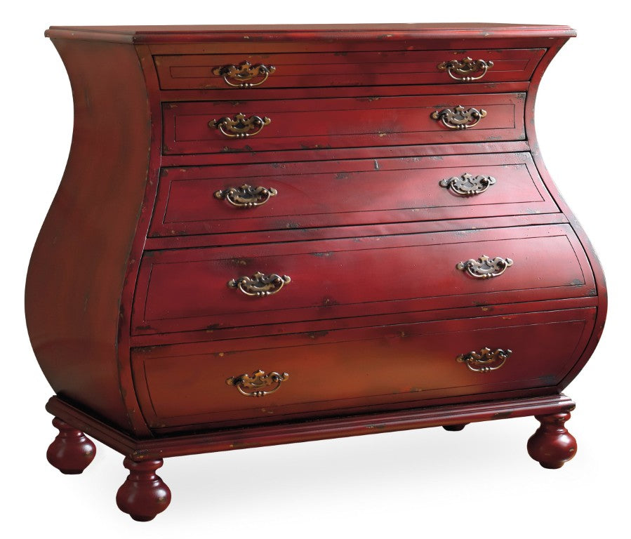 Hooker Furniture Red Bombe Chest With Distressed Hand-Painted Red Finish, Bombe Silhouette & Five Spacious Drawers For Timeless Storage 5102-85001