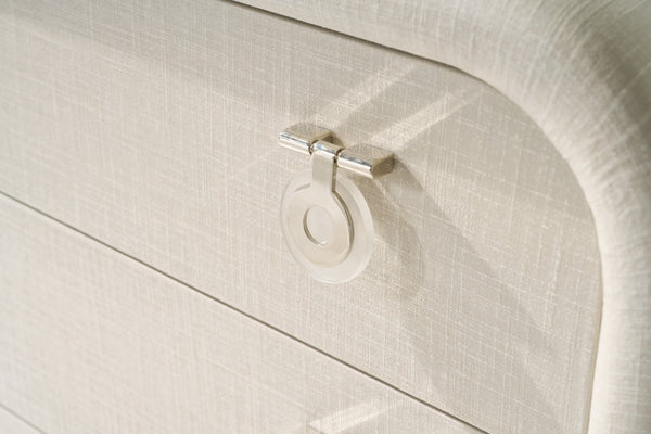 Hooker Furniture Melange Julip Accent Chest With Linen-Wrapped Finish, Acrylic Legs & Chrome Jewelry Pulls, 3 Self-Closing Drawers Whites/Creams/Beiges 628-50205-05