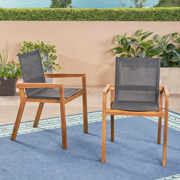 English Elm Christopher Knight Home® - BELFAST Outdoor Dining Chair Set of 2 with Acacia Wood Frame, Black Mesh Seats, Durable Weather-Resistant Design Teak 63256.00