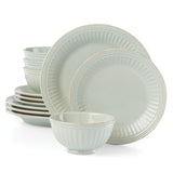 French Perle Groove 12-Piece Dinnerware Set, Rustic Ice Blue, Microwave & Dishwasher Safe