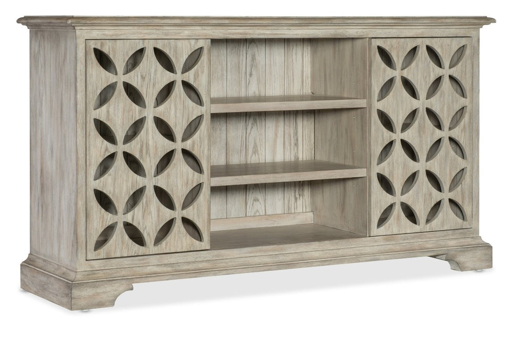 Hooker Furniture Commerce Underhill Entertainment Console — Light Gray Distressed Oak Tv Stand With Floral Cutout Doors, Soft-Close Storage 7228-85111-95